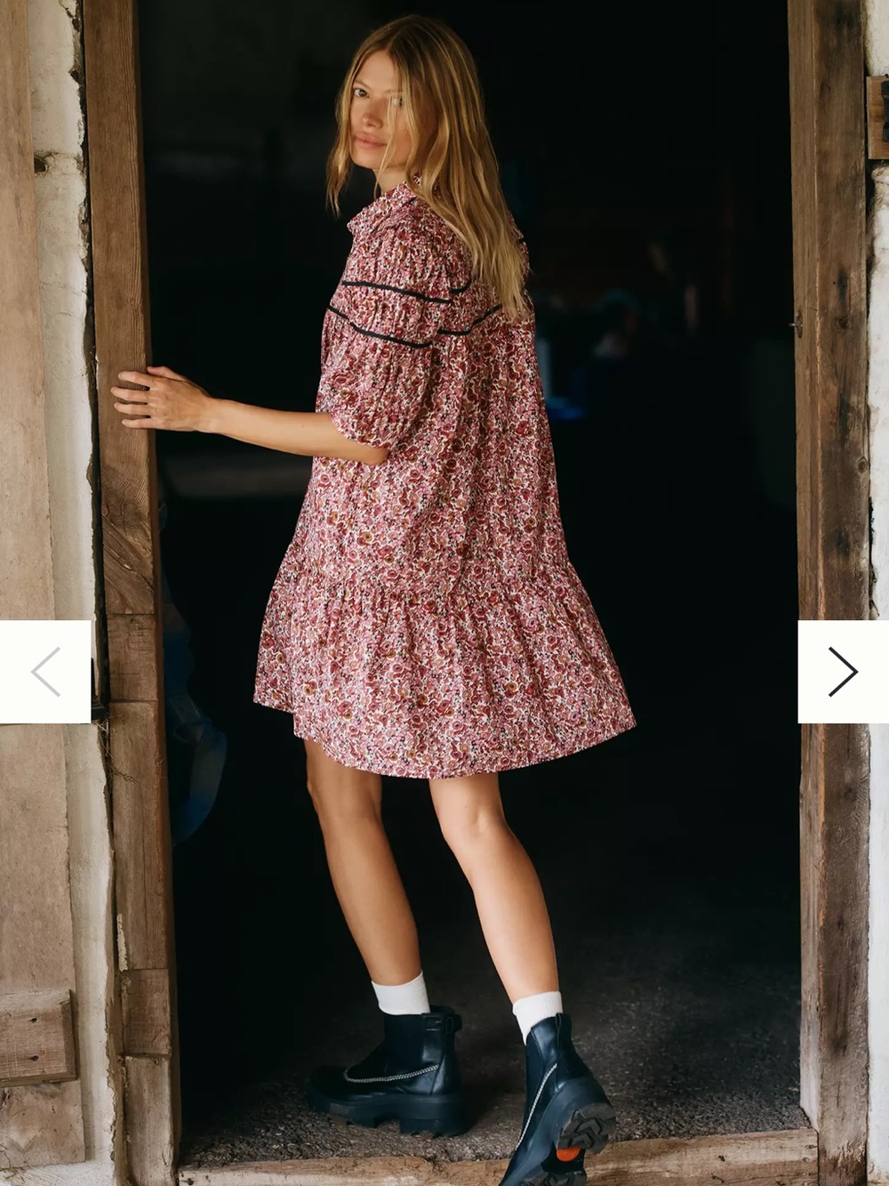NWT Maeve Leandra Shirred Yoke Mini Dress Pink Floral with Black Trim Medium